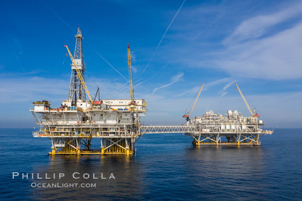 Aerial photo of platforms Elly and Ellen, in 260 feet of water off Long Beach, California. USA, natural history stock photograph, photo id 38094