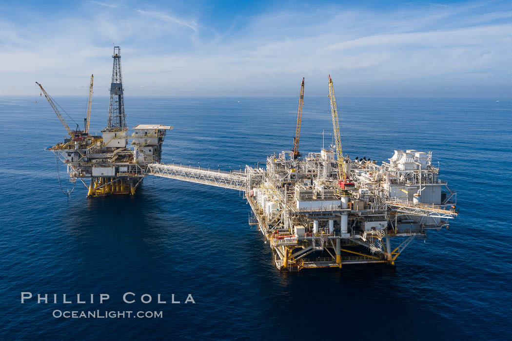 Aerial photo of platforms Elly and Ellen, in 260 feet of water off Long Beach, California. USA, natural history stock photograph, photo id 38091