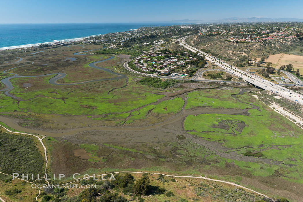 Aerial Photo of San Elijo Lagoon. San Elijo Lagoon Ecological Reserve is one of the largest remaining coastal wetlands in San Diego County, California, on the border of Encinitas, Solana Beach and Rancho Santa Fe. USA, natural history stock photograph, photo id 30586