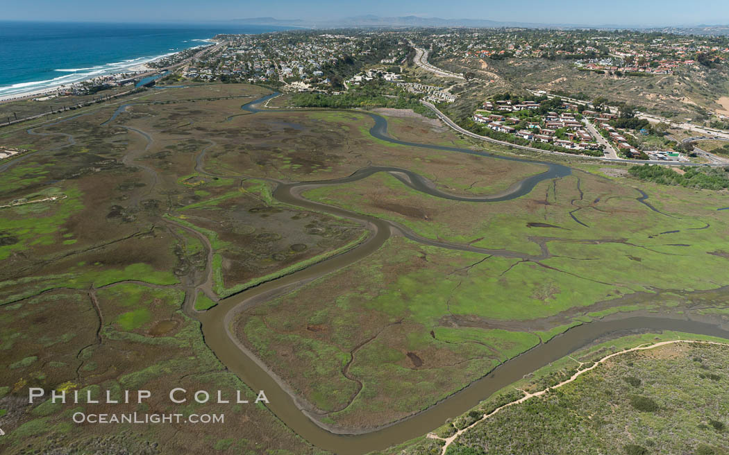 Aerial Photo of San Elijo Lagoon. San Elijo Lagoon Ecological Reserve is one of the largest remaining coastal wetlands in San Diego County, California, on the border of Encinitas, Solana Beach and Rancho Santa Fe. USA, natural history stock photograph, photo id 30584