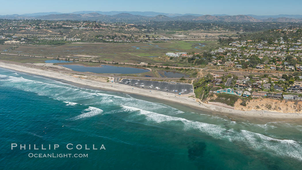 Aerial Photo of San Elijo Lagoon and Cardiff Reef beach. San Elijo Lagoon Ecological Reserve is one of the largest remaining coastal wetlands in San Diego County, California, on the border of Encinitas, Solana Beach and Rancho Santa Fe. USA, natural history stock photograph, photo id 30600