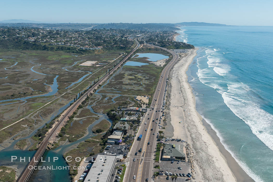 Aerial Photo of San Elijo Lagoon and Cardiff Reef beach. San Elijo Lagoon Ecological Reserve is one of the largest remaining coastal wetlands in San Diego County, California, on the border of Encinitas, Solana Beach and Rancho Santa Fe. USA, natural history stock photograph, photo id 30595