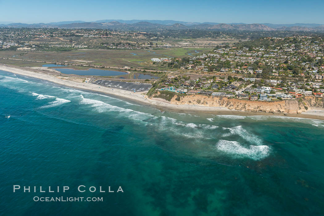 Aerial Photo of San Elijo Lagoon and Cardiff Reef beach. San Elijo Lagoon Ecological Reserve is one of the largest remaining coastal wetlands in San Diego County, California, on the border of Encinitas, Solana Beach and Rancho Santa Fe. USA, natural history stock photograph, photo id 30601