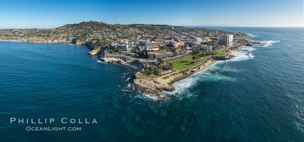 Aerial Panoramic Photo of Point La Jolla and La Jolla Cove, Boomer Beach, Scripps Park. California, USA, natural history stock photograph, photo id 30786