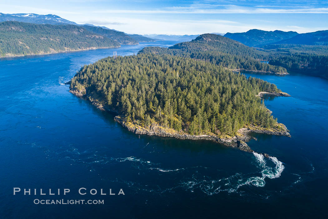 Seymour Narrows with strong tidal currents.  Between Vancouver Island and Quadra Island, Seymour Narrows is about 750 meters wide and has currents reaching 15 knots.  Aerial photo. British Columbia, Canada, natural history stock photograph, photo id 34492