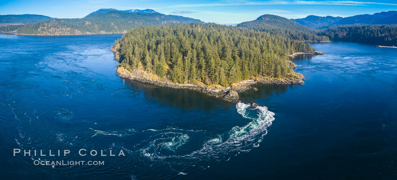 Seymour Narrows with strong tidal currents.  Between Vancouver Island and Quadra Island, Seymour Narrows is about 750 meters wide and has currents reaching 15 knots.  Aerial photo. British Columbia, Canada, natural history stock photograph, photo id 34491