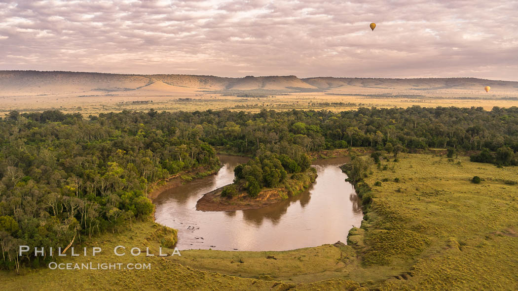 Aerial view of the Mara River, Maasai Mara, Kenya.  Photo taken while hot air ballooning at sunrise. Maasai Mara National Reserve, natural history stock photograph, photo id 29808
