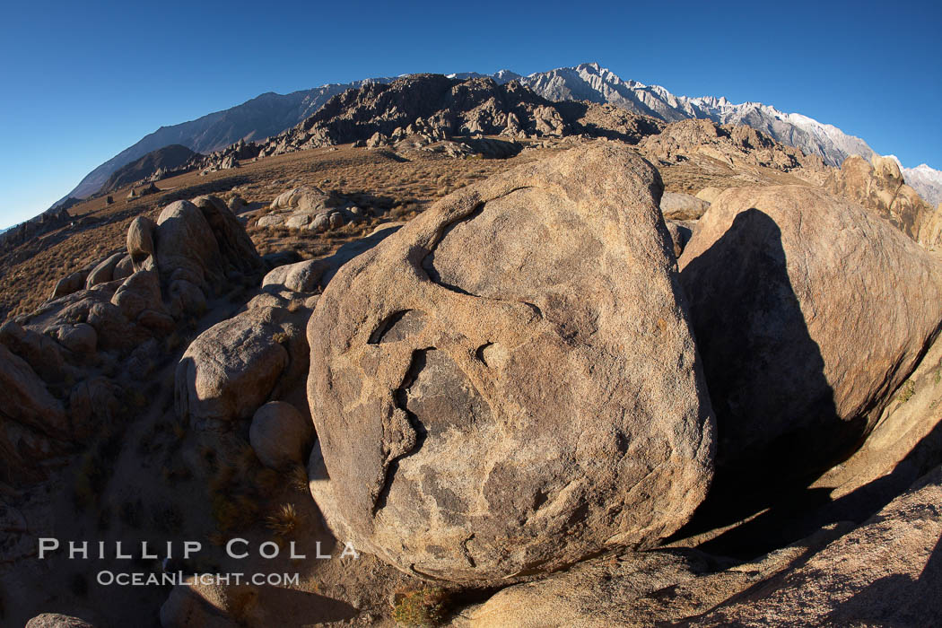 The Alabama Hills, with characteristic curious eroded rock formations formed of ancient granite and metamorphosed rock, next to the Sierra Nevada mountains and the town of Lone Pine. Alabama Hills Recreational Area, California, USA, natural history stock photograph, photo id 21758