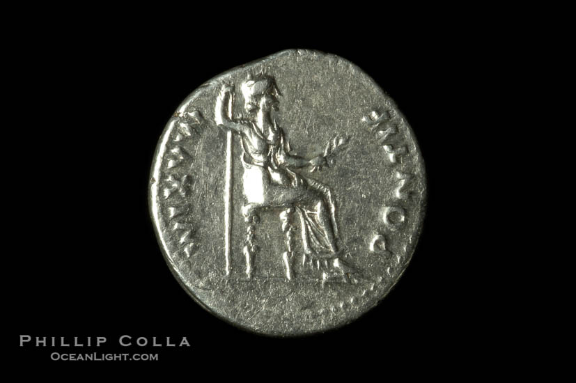 An original tribute penny.  Roman emperor Tiberius (14-37 A.D.), depicted on ancient Roman coin (silver, denom/type: Denarius) (AR, Denarius Obverse: Bust right TI CEASAR DIVI AVG F AVGVSTVS. Reverse: Livia seated right, holding olive branch, ornate legs on chair. PONTIF MAXIM. Tribute penny. Sear 567.)