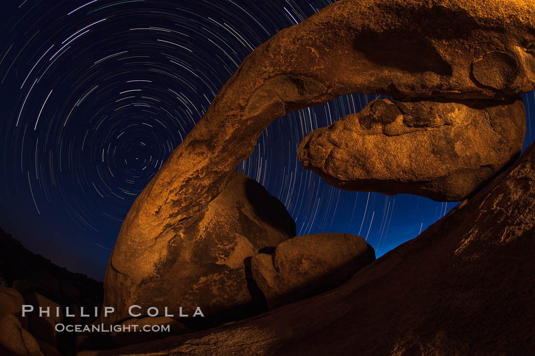 Arch Rock and star trails, impending dawn. Joshua Tree National Park, California, USA, natural history stock photograph, photo id 28415