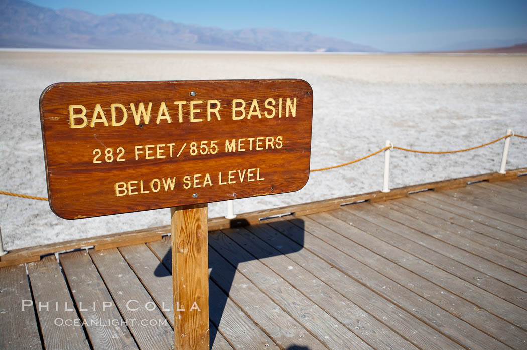 Badwater, California.  Badwater, at 282 feet below sea level, is the lowest point in North America.  9000 square miles of watershed drain into the Badwater basin, to dry and form huge white salt flats, Death Valley National Park