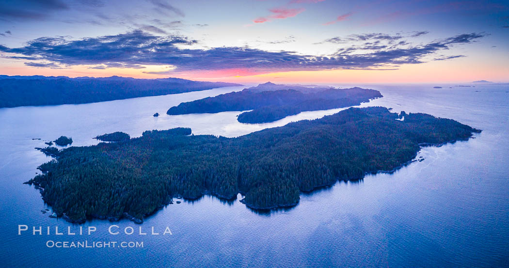 Balaklava Island at sunset, aerial photo, Vancouver Island, Canada. British Columbia, natural history stock photograph, photo id 35328