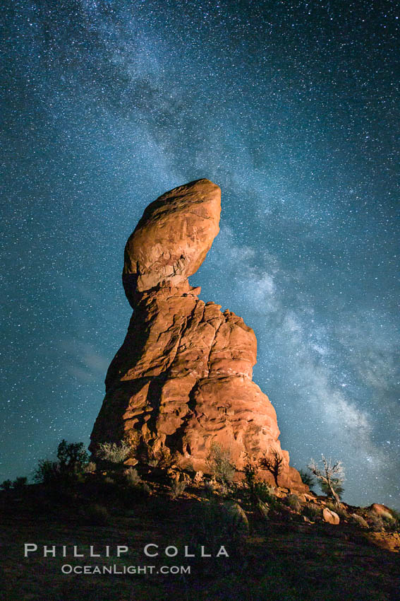 Balanced Rock and Milky Way stars at night. Arches National Park, Utah, USA, natural history stock photograph, photo id 27835