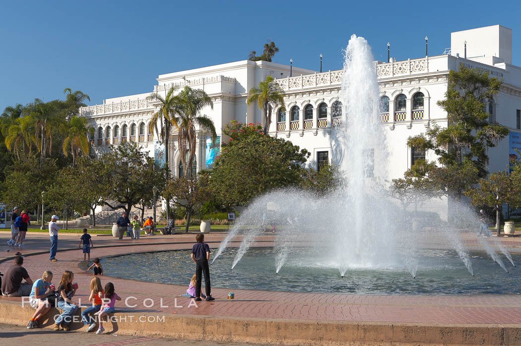 The Bea Evenson Foundation is the centerpiece of the Plaza de Balboa in Balboa Park, San Diego.  The San Diego Natural History Museum is seen in the background. California, USA, natural history stock photograph, photo id 14590