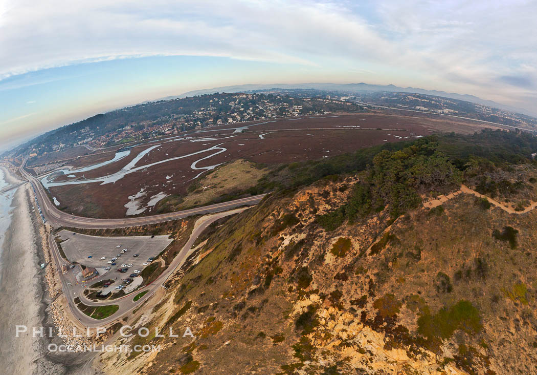 Torrey Pines balloon aerial survey photo.  Torrey Pines seacliffs, rising up to 300 feet above the ocean, stretch from Del Mar to La Jolla. On the mesa atop the bluffs are found Torrey pine trees, one of the rare species of pines in the world. Peregrine falcons nest at the edge of the cliffs. This photo was made as part of an experimental balloon aerial photographic survey flight over Torrey Pines State Reserve, by permission of Torrey Pines State Reserve., natural history stock photograph, photo id 27280