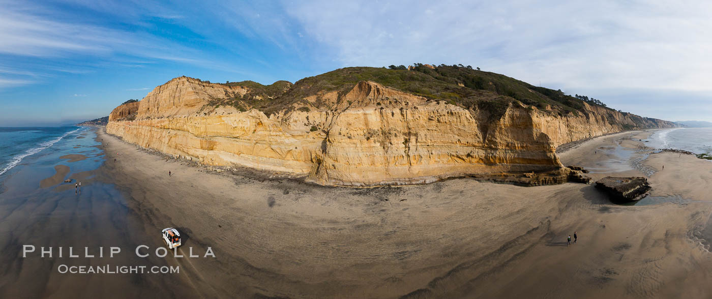 Torrey Pines balloon aerial survey photo. Torrey Pines seacliffs, rising up to 300 feet above the ocean, stretch from Del Mar to La Jolla. On the mesa atop the bluffs are found Torrey pine trees, one of the rare species of pines in the world. Peregine falcons nest at the edge of the cliffs. This photo was made as part of an experimental balloon aerial photographic survey flight over Torrey Pines State Reserve, by permission of Torrey Pines State Reserve, San Diego, California