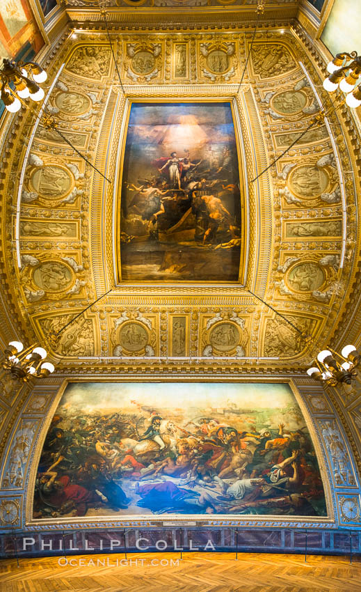 The Battle of the Nile, also known as the Battle of Aboukir Bay, in French as the Bataille d'Aboukir, panaramic photo showing wall and ceiling detail. Chateau de Versailles, Paris, France, natural history stock photograph, photo id 28076