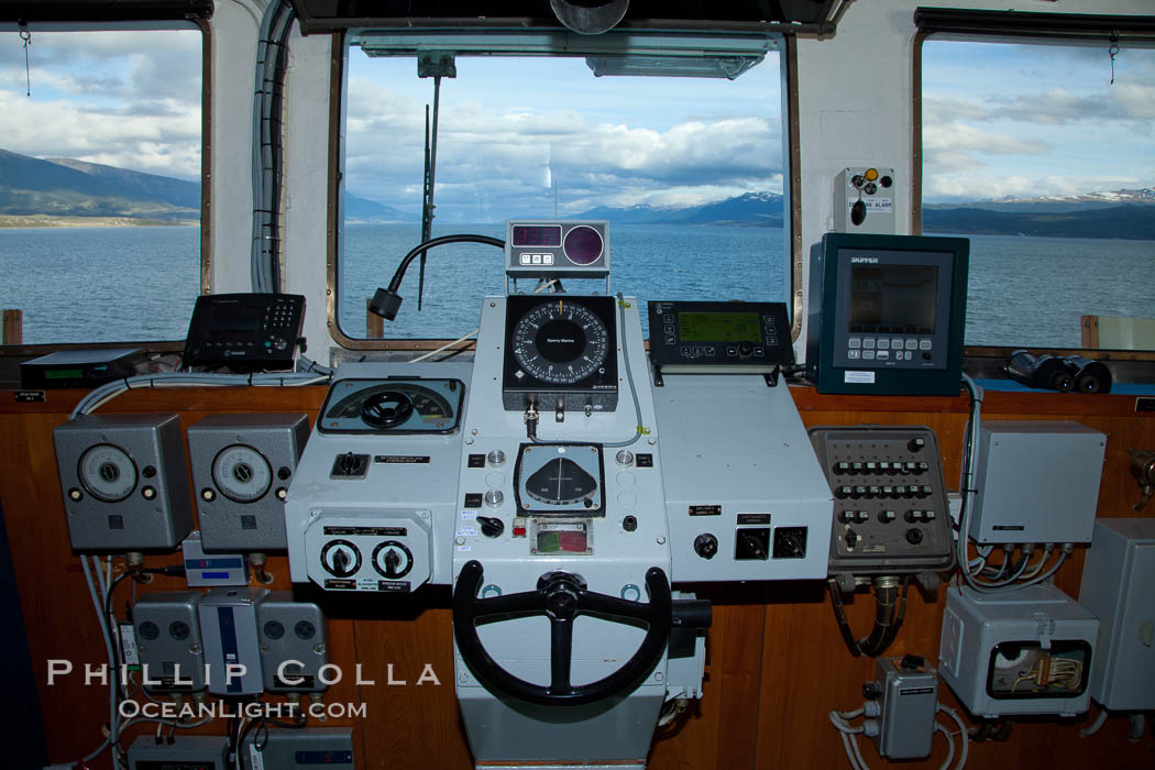 Steering controls on the M/V Polar Star as it passes south through the Beagle Channel. Ushuaia, Tierra del Fuego, Argentina, natural history stock photograph, photo id 23620