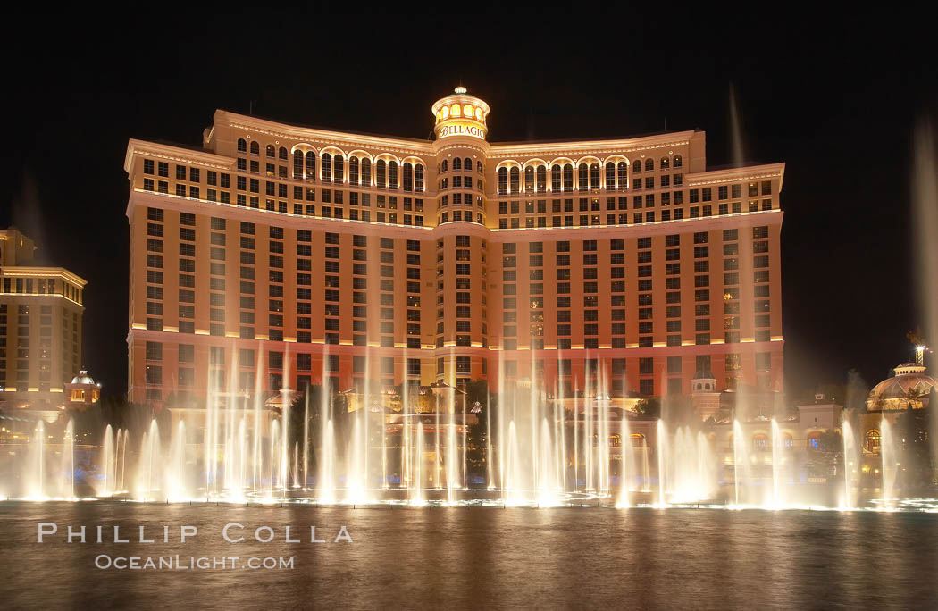 The Bellagio Hotel fountains, at night.  The Bellagio Hotel fountains are one of the most popular attractions in Las Vegas, showing every half hour or so throughout the day, choreographed to famous Hollywood music