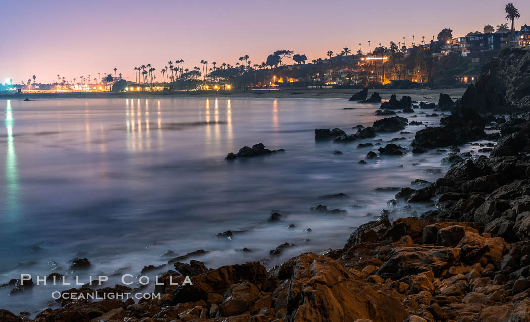 Big Corona Beach, aka Corona del Mar State Beach, at night lit by full moon, Newport Beach. California, USA, natural history stock photograph, photo id 28865