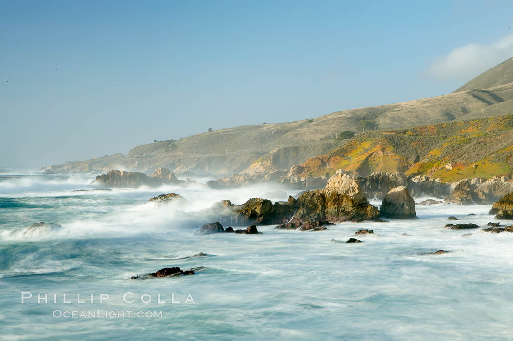 Waves blur as they break over the rocky shoreline of Big Sur. California, USA, natural history stock photograph, photo id 14907