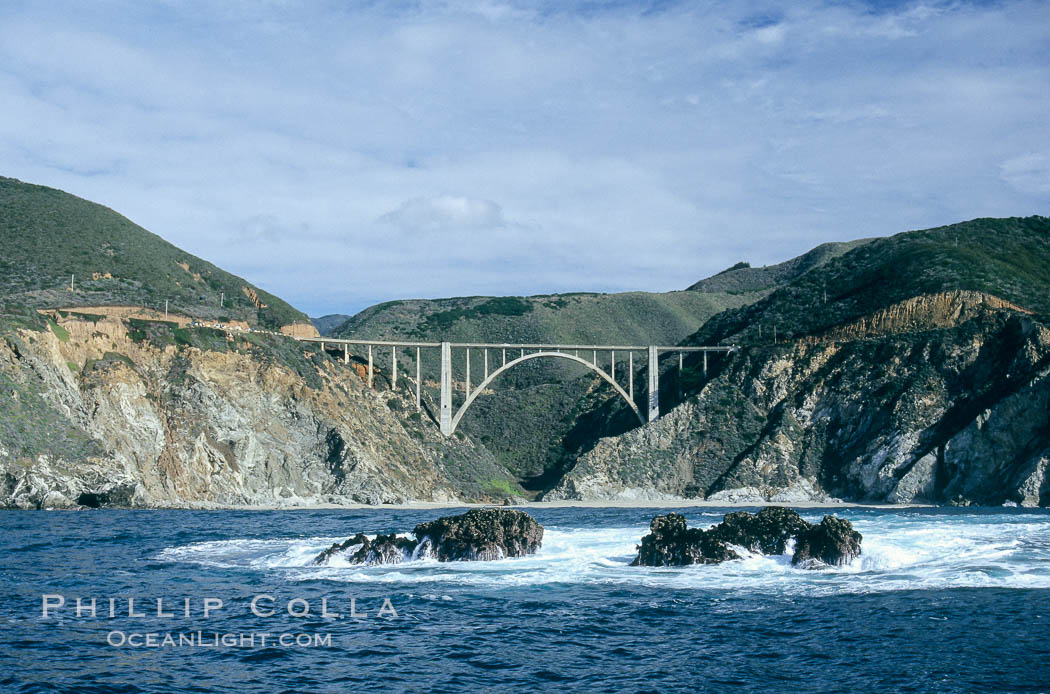 Bixby Bridge on Highway 1, Lobos Rocks in foreground,  Big Sur. California, USA, natural history stock photograph, photo id 05504