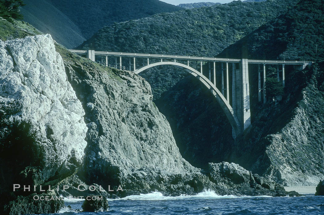 Bixby Bridge on Highway 1, Lobos Rocks in foreground, Big Sur, California