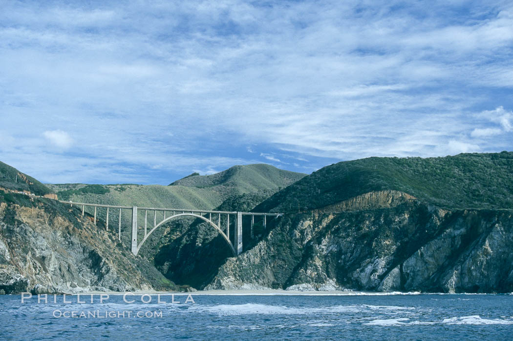 Bixby Bridge on Highway 1, Lobos Rocks in foreground, Santa Lucia mountains in the background. Big Sur, California, USA, natural history stock photograph, photo id 05505
