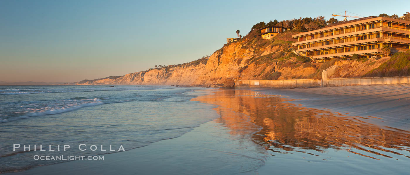 La Jolla Coastline, Hubbs Hall at SIO, Black's Beach, Torrey Pines State Reserve, panorama, sunset. Scripps Institution of Oceanography, California, USA, natural history stock photograph, photo id 26537