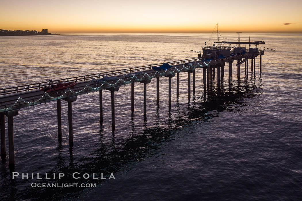 SIO Scripps Pier at sunset, aerial photo. California, USA, natural history stock photograph, photo id 38178