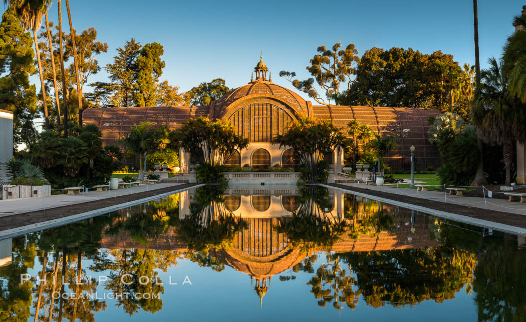 The Botanical Building in Balboa Park, San Diego. The Botanical Building, at 250 feet long by 75 feet wide and 60 feet tall, was the largest wood lath structure in the world when it was built in 1915 for the Panama-California Exposition. The Botanical Building, located on the Prado, west of the Museum of Art, contains about 2,100 permanent tropical plants along with changing seasonal flowers. The Lily Pond, just south of the Botanical Building, is an eloquent example of the use of reflecting pools to enhance architecture. The 193' by 43' foot pond and smaller companion pool were originally referred to as Las Lagunas de las Flores (The Lakes of the Flowers) and were designed as aquatic gardens. The pools contain exotic water lilies and lotus which bloom spring through fall