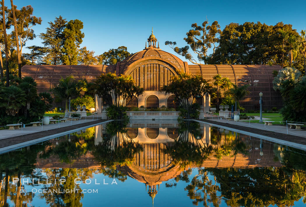The Botanical Building in Balboa Park, San Diego. The Botanical Building, at 250 feet long by 75 feet wide and 60 feet tall, was the largest wood lath structure in the world when it was built in 1915 for the Panama-California Exposition. The Botanical Building, located on the Prado, west of the Museum of Art, contains about 2,100 permanent tropical plants along with changing seasonal flowers. The Lily Pond, just south of the Botanical Building, is an eloquent example of the use of reflecting pools to enhance architecture. The 193' by 43' foot pond and smaller companion pool were originally referred to as Las Lagunas de las Flores (The Lakes of the Flowers) and were designed as aquatic gardens. The pools contain exotic water lilies and lotus which bloom spring through fall. USA, natural history stock photograph, photo id 28823