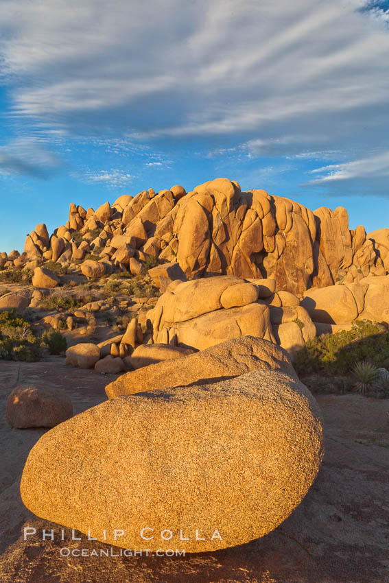 Boulders and sunset in Joshua Tree National Park. The warm sunlight gently lights unusual boulder formations at Jumbo Rocks in Joshua Tree National Park, California