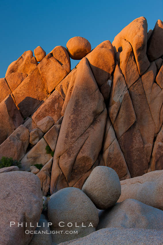 Boulders and sunset in Joshua Tree National Park.  The warm sunlight gently lights unusual boulder formations at Jumbo Rocks in Joshua Tree National Park, California. USA, natural history stock photograph, photo id 26770