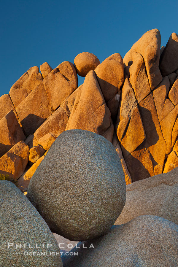Boulders and sunset in Joshua Tree National Park.  The warm sunlight gently lights unusual boulder formations at Jumbo Rocks in Joshua Tree National Park, California., natural history stock photograph, photo id 26757