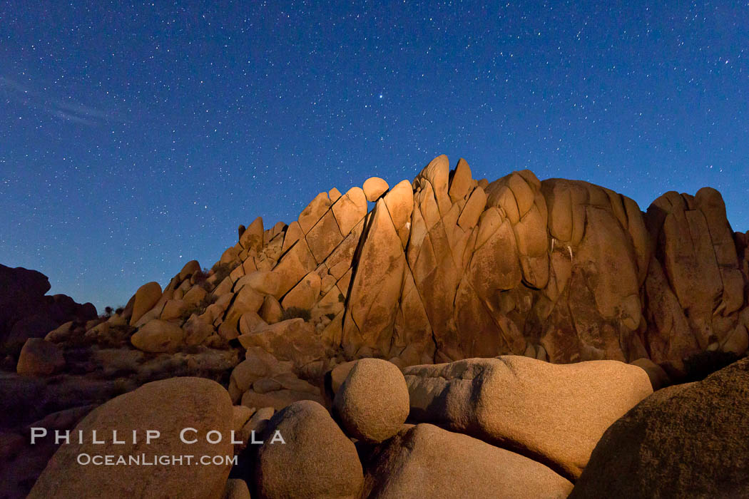 Boulders and stars, moonlight in Joshua Tree National Park. The moon gently lights unusual boulder formations at Jumbo Rocks in Joshua Tree National Park, California. USA, natural history stock photograph, photo id 27718