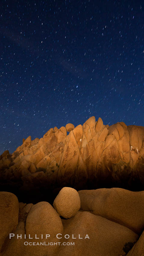 Boulders and stars, moonlight in Joshua Tree National Park. The moon gently lights unusual boulder formations at Jumbo Rocks in Joshua Tree National Park, California. USA, natural history stock photograph, photo id 27719