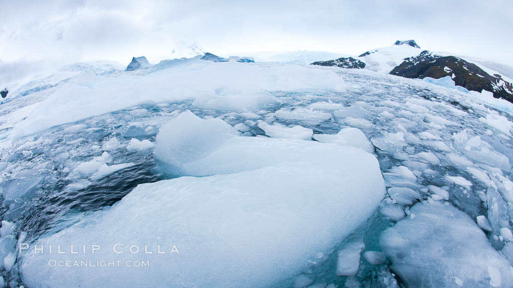 Brash ice and pack ice in Antarctica.  Brash ices fills the ocean waters of Cierva Cove on the Antarctic Peninsula.  The ice is a mix of sea ice that has floated near shore on the tide and chunks of ice that have fallen into the water from nearby land-bound glaciers., natural history stock photograph, photo id 25595