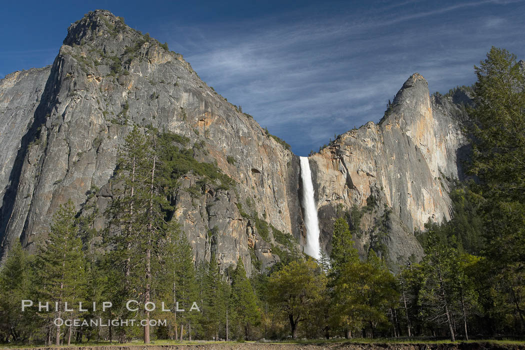 Bridalveil Falls drops 620 through a hanging valley, shown here at peak water flow in spring months from deep snowpack and warm weather melt.  Yosemite Valley. Yosemite National Park, California, USA, natural history stock photograph, photo id 16174