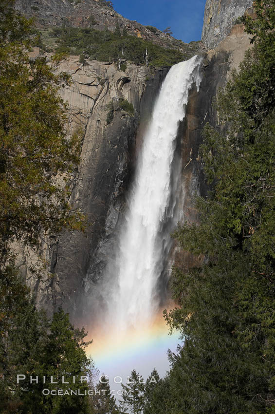 Bridalveil Falls with a rainbow forming in its spray, dropping 620 into Yosemite Valley, displaying peak water flow in spring months from deep snowpack and warm weather melt. Yosemite Valley, Yosemite National Park, California