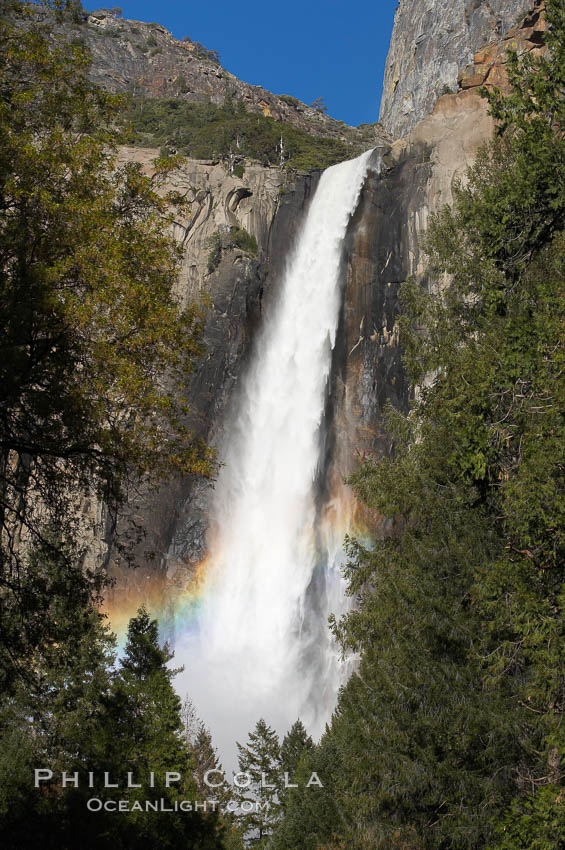 Bridalveil Falls with a rainbow forming in its spray, dropping 620 into Yosemite Valley, displaying peak water flow in spring months from deep snowpack and warm weather melt.  Yosemite Valley. Yosemite National Park, California, USA, natural history stock photograph, photo id 16175
