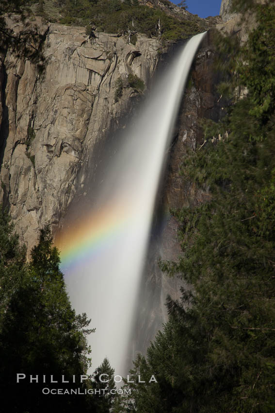 Bridalveil Falls with a rainbow forming in its spray, dropping 620' into Yosemite Valley, displaying peak water flow in spring months from deep snowpack and warm weather melt. Yosemite National Park, California, USA, natural history stock photograph, photo id 27747