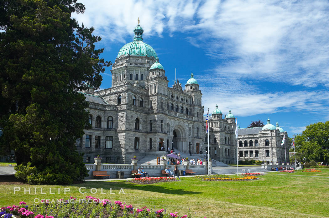 The British Columbia Parliament Buildings are located in Victoria, British Columbia, Canada and serve as the seat of the Legislative Assembly of British Columbia.  The main block of the Parliament Buildings combines Baroque details with Romanesque Revival rustication