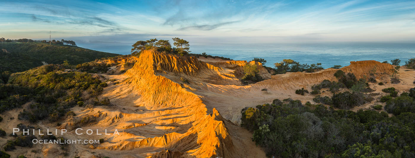 Broken Hill and view to La Jolla, panoramic photograph, from Torrey Pines State Reserve, sunrise, San Diego, California