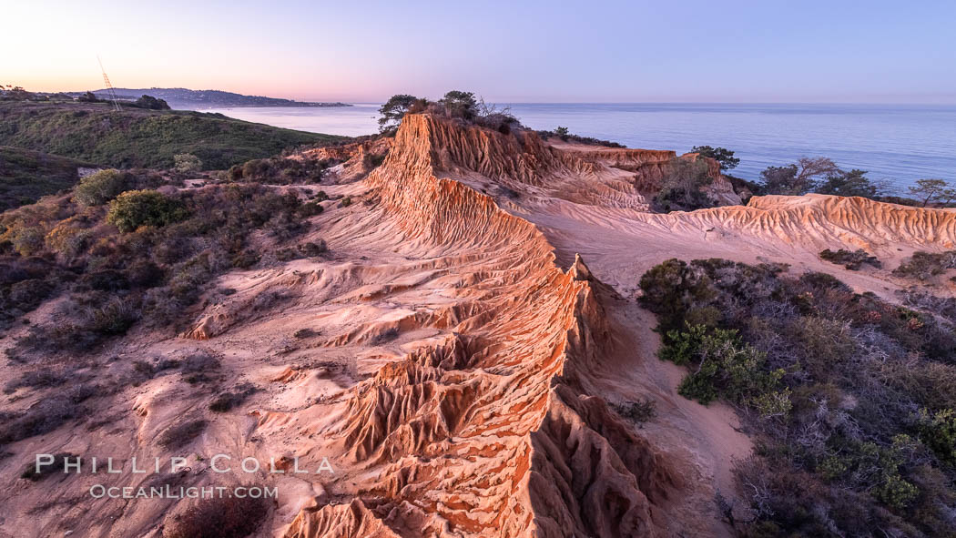 Broken Hill in soft pre-dawn light, overlooking the Pacific Ocean and Torrey Pines State Reserve. La Jolla and Mount Soledad in the distance. San Diego, California, USA, natural history stock photograph, photo id 36564