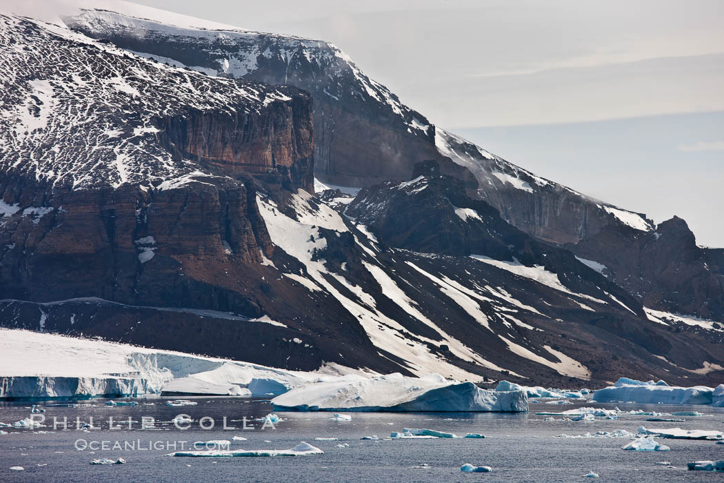 Brown Bluff, the eroded remains of an extinct volcanic structure, below which many penguins and seabirds nest, Antarctic Sound