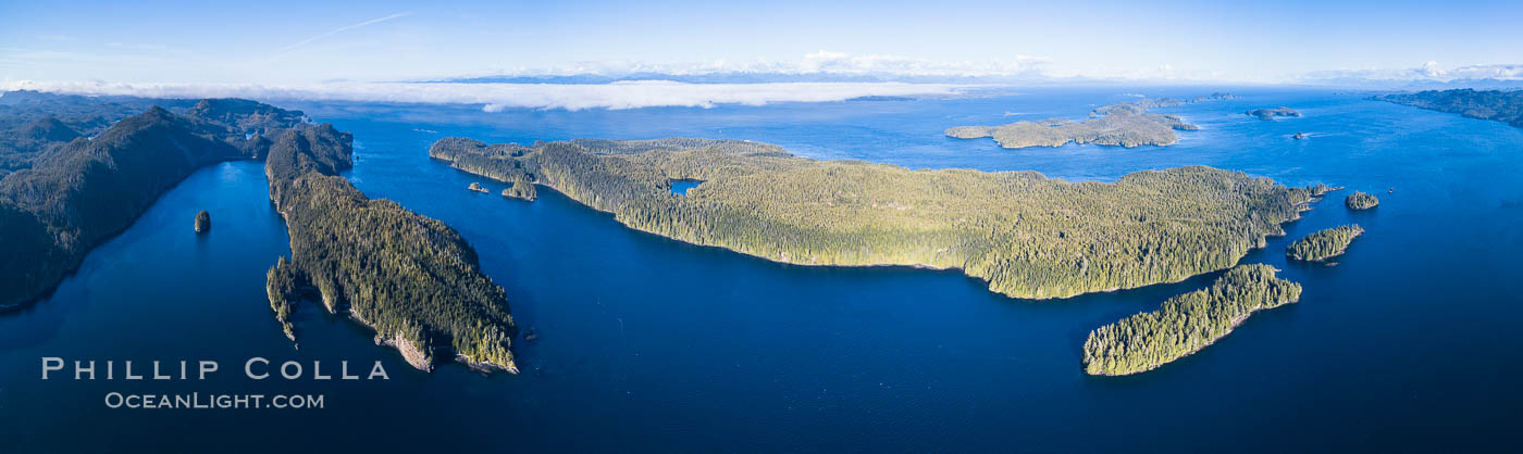 Browning Pass and Balaklava Island, location of the best cold water diving in the world, aerial panoramic photo