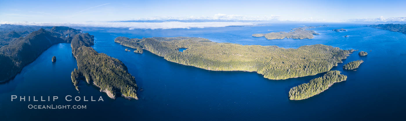 Browning Pass and Balaklava Island, location of the best cold water diving in the world, aerial panoramic photo