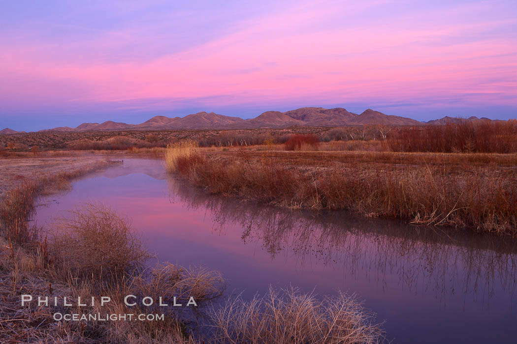 Sunrise along one of the canals lining the many pools and empoundments at Bosque del Apache National Wildlife Refuge. Socorro, New Mexico, USA, natural history stock photograph, photo id 21851
