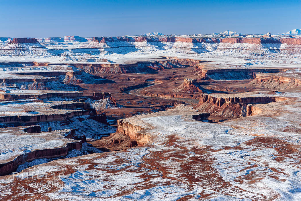 Soda Springs Basin in Canyonlands National Park, snow covered mesas and canyons, with the Green River far below, not far from its confluence with the Colorado River.  Island in the Sky. Utah, USA, natural history stock photograph, photo id 18093
